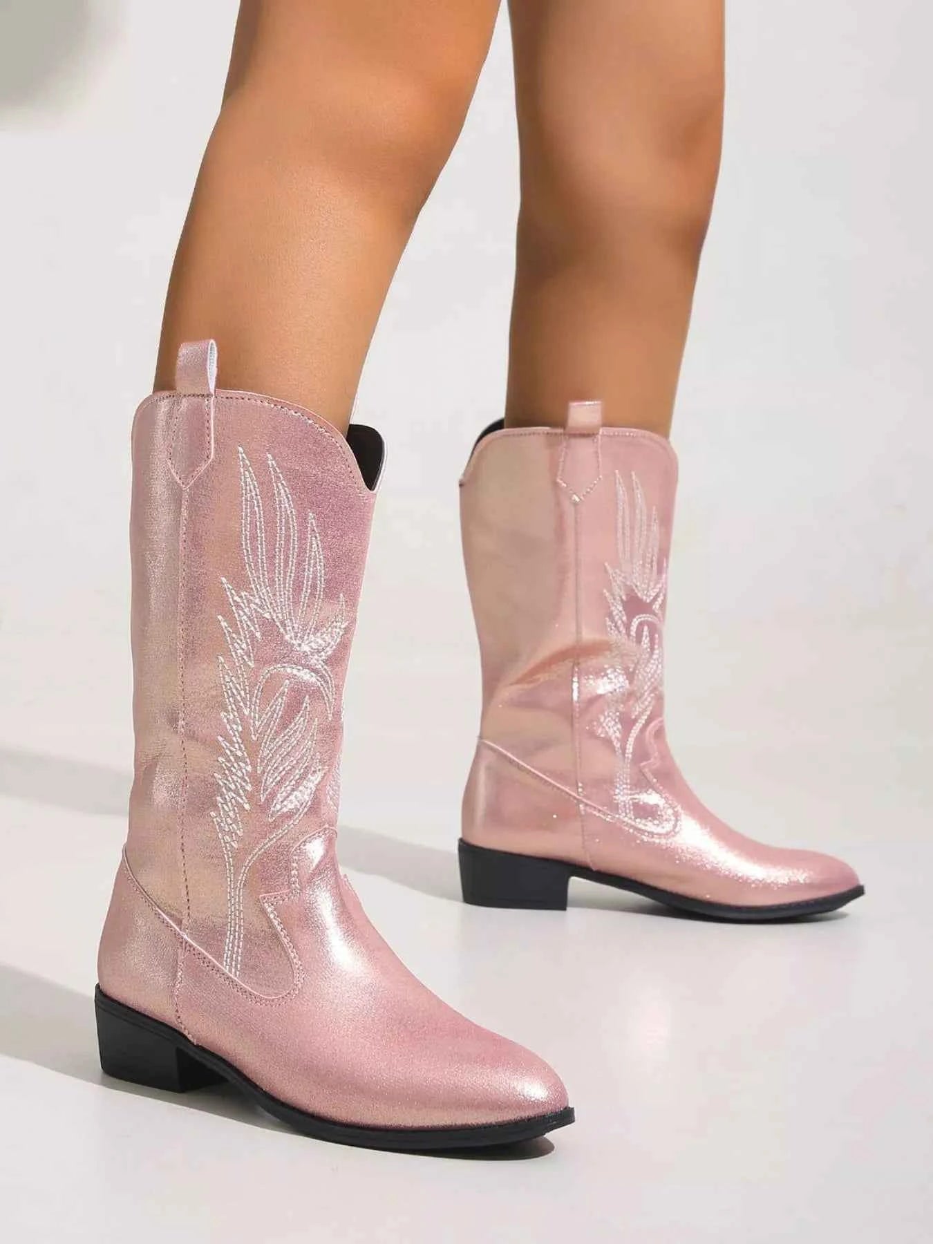 Embroidered Block Heels Boots Pink Trendsi