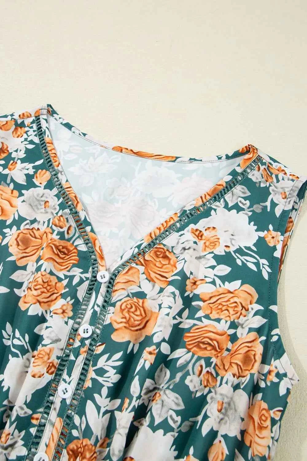 Floral Print Trimmed V Neck Tie Waist Sleeveless Dress Trendsi