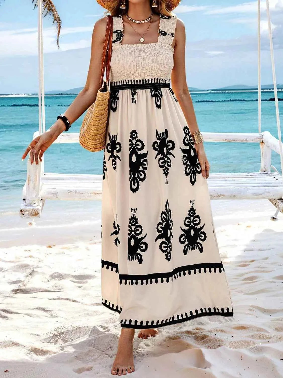 Smocked Printed Wide Strap Maxi Dress Trendsi