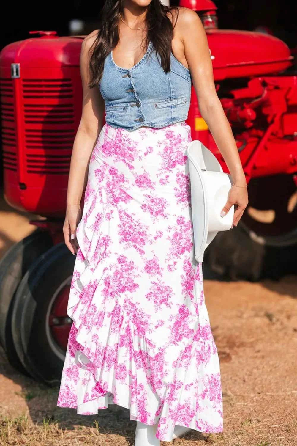 Boho Maxi Skirt with Floral Design and Ruffle Split Hem Trendsi