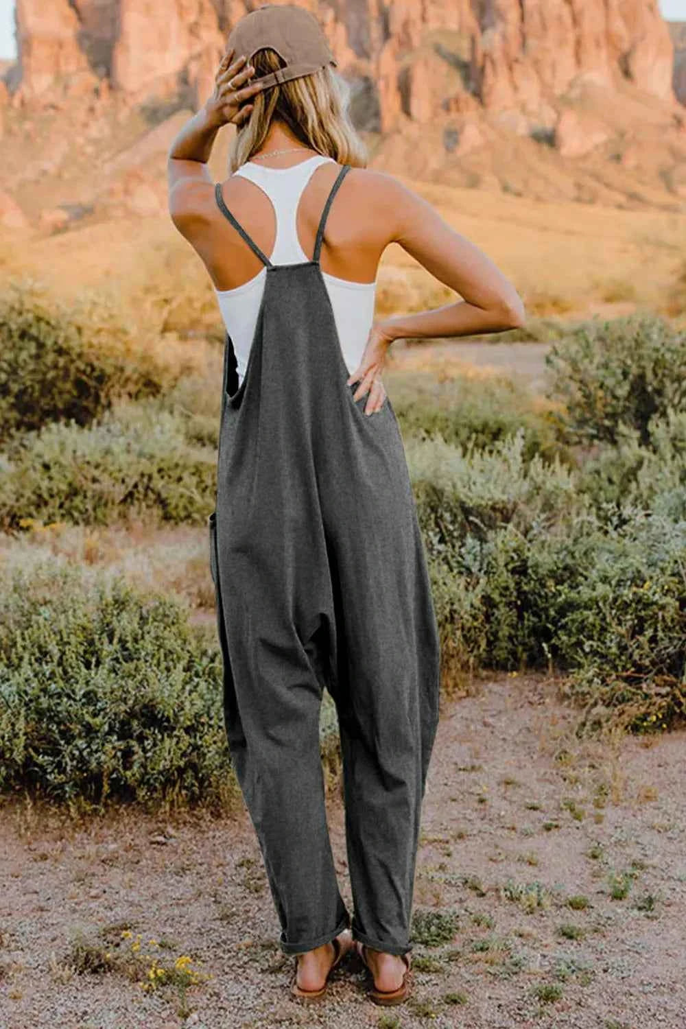 Double Take Full Size V-Neck Sleeveless Jumpsuit with Pockets Trendsi