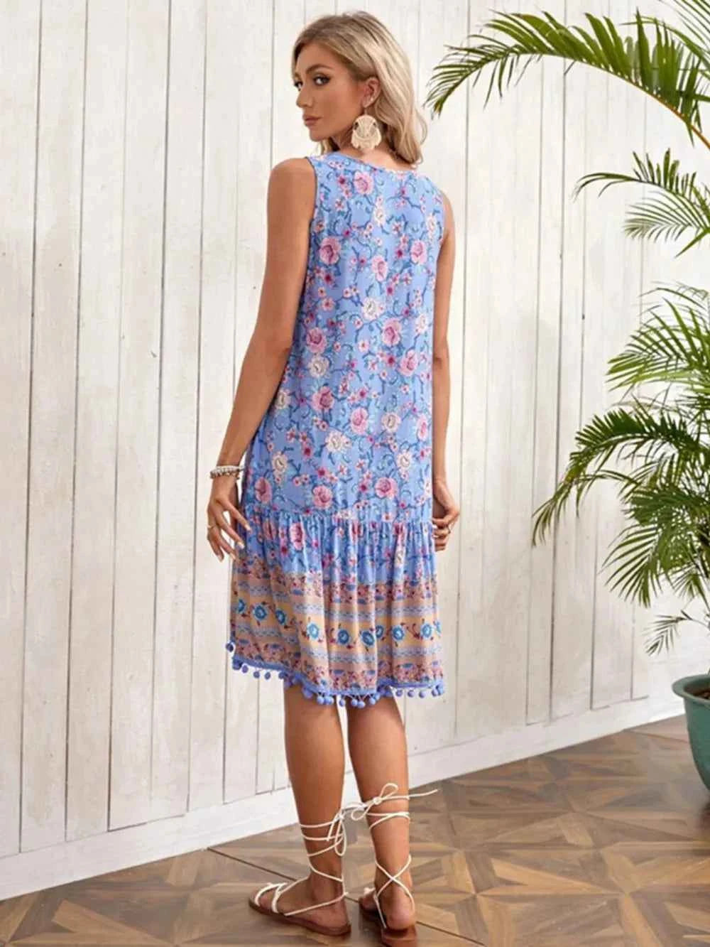 Tie Neck Sleeveless Floral Dress Trendsi