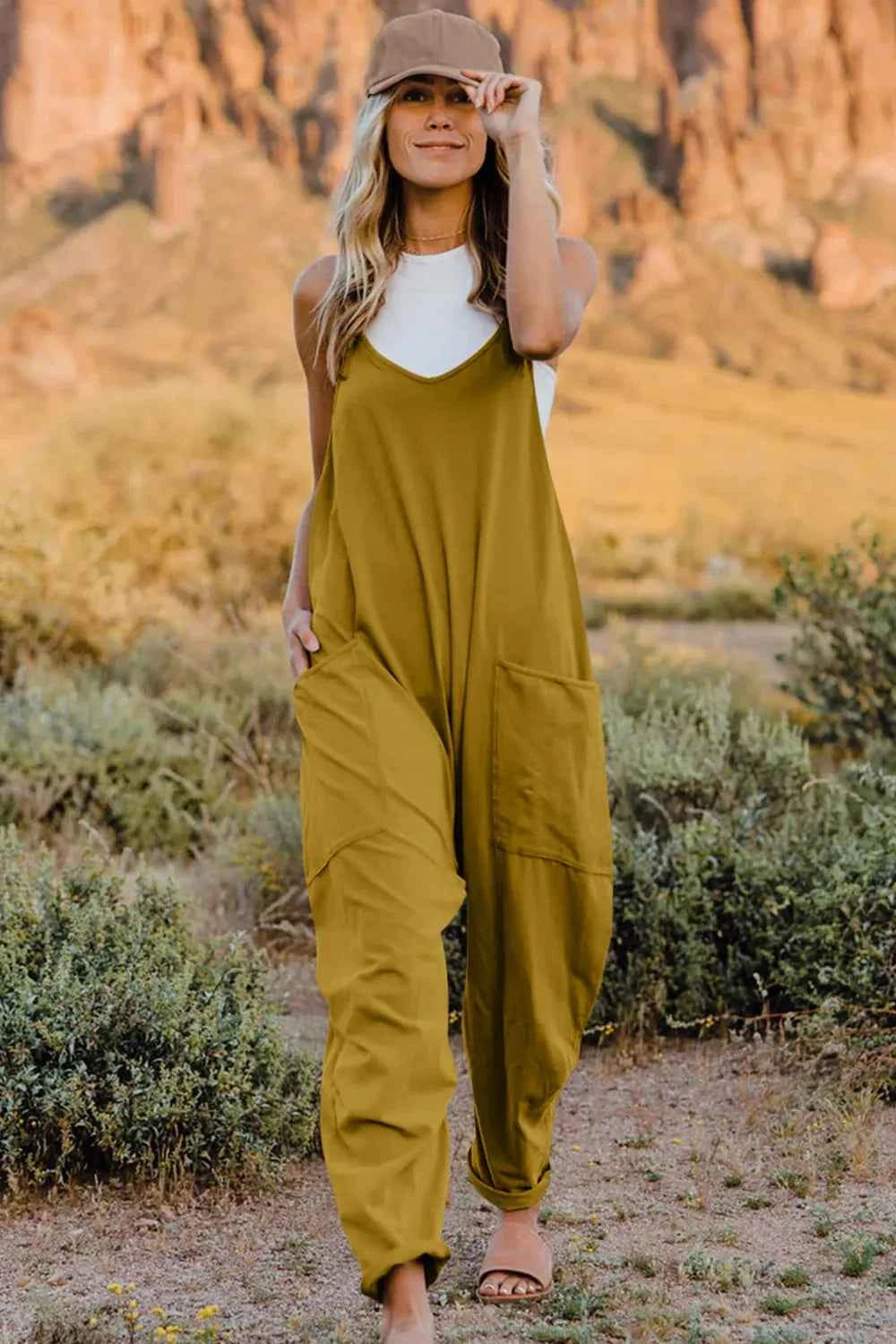 Double Take Full Size V-Neck Sleeveless Jumpsuit with Pockets Mustard Trendsi