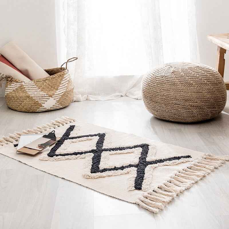 Bohemian Hand-Woven Tassel Rug - Cotton & Linen Ze BlakHom