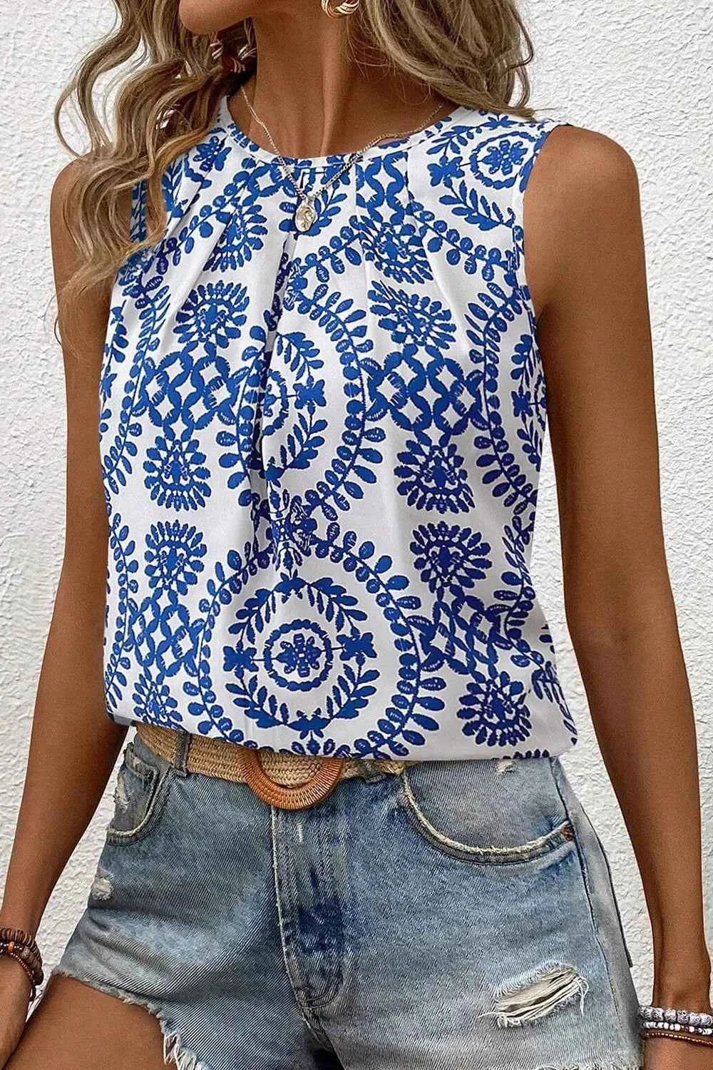 Printed Crew Neck Sleeveless Top Blue Trendsi