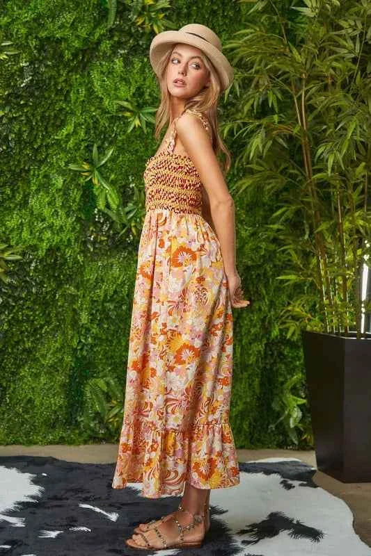 Davi & Dani Multi Smocked Bodice Geo Ruffle Strappy Midi Dress Trendsi