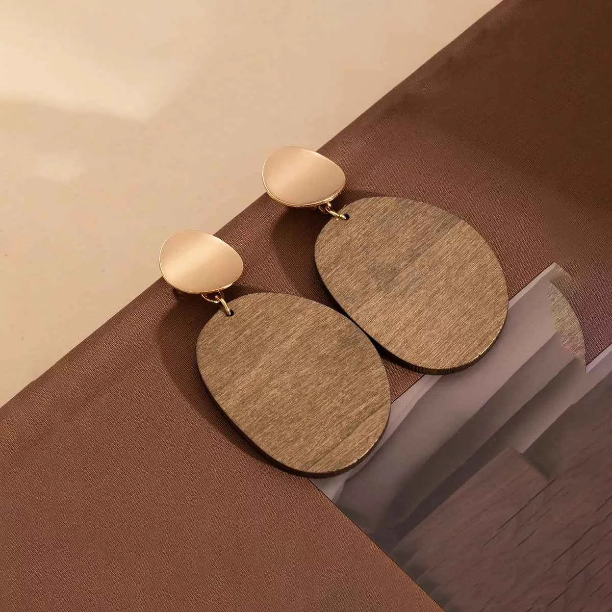 18K Gold-Plated Geometric Wood Drop Earrings Trendsi