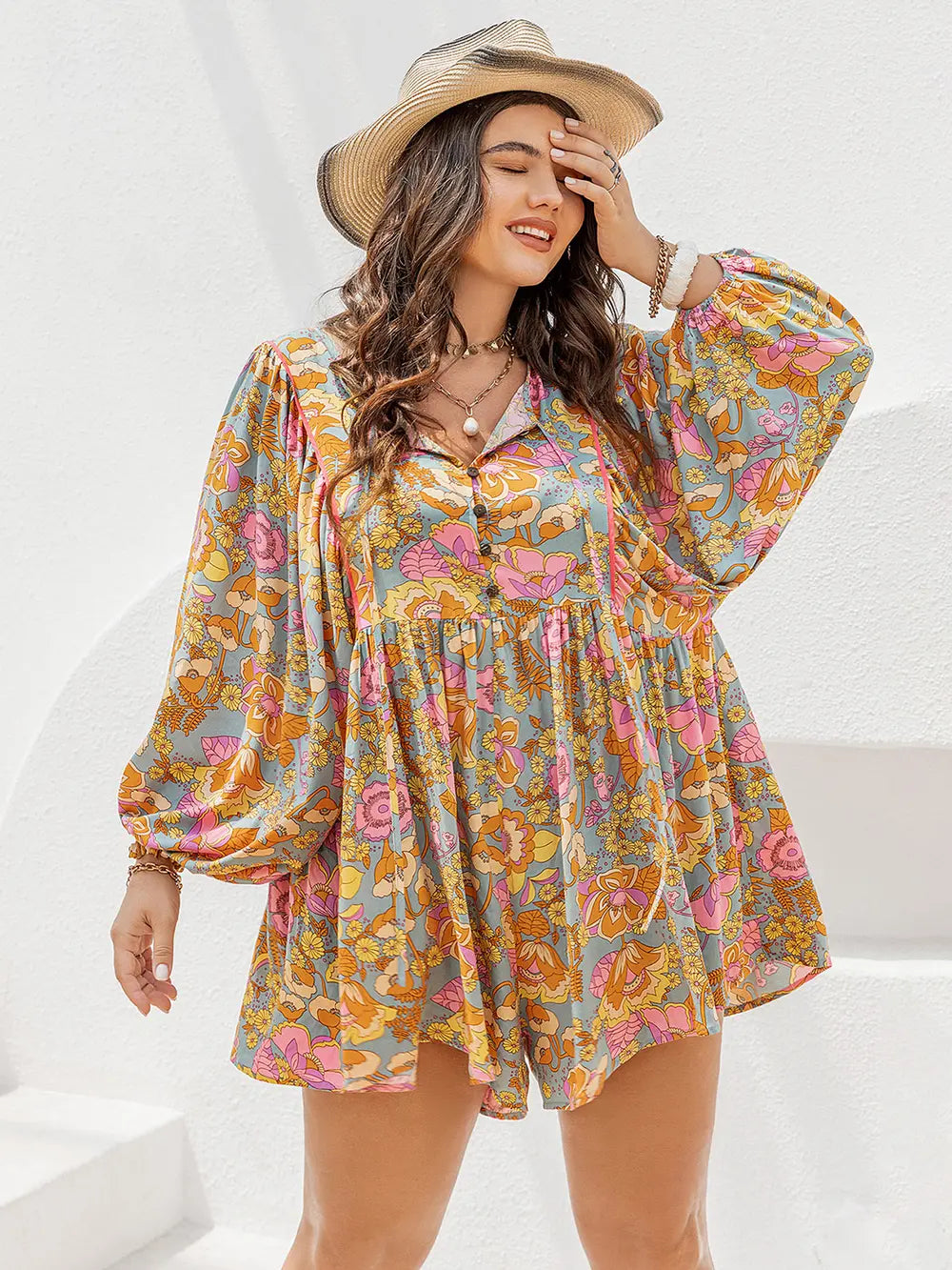 Plus Size Floral Tie Neck Balloon Sleeve Romper Trendsi