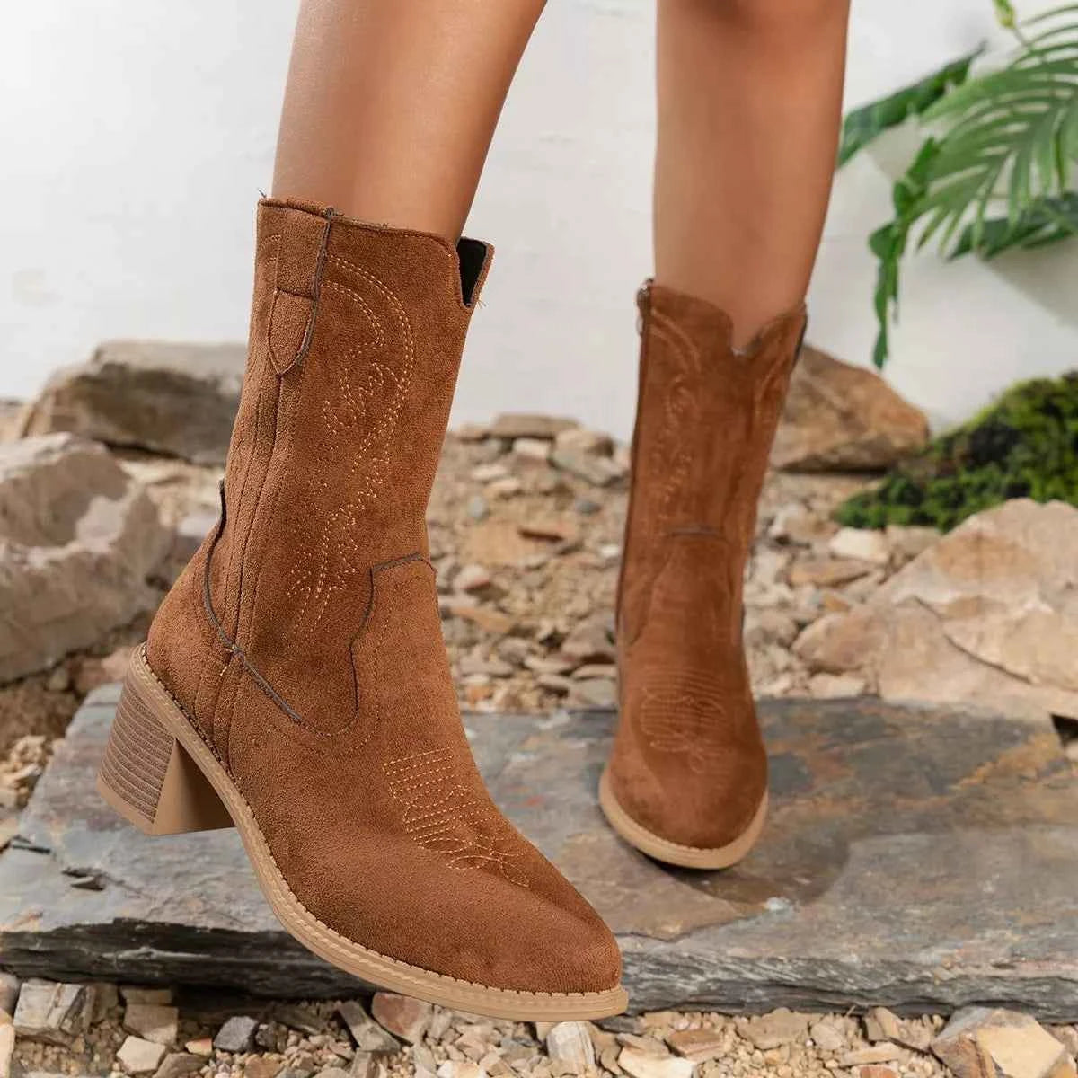 Suede Block Heel Western Boots Caramel Trendsi