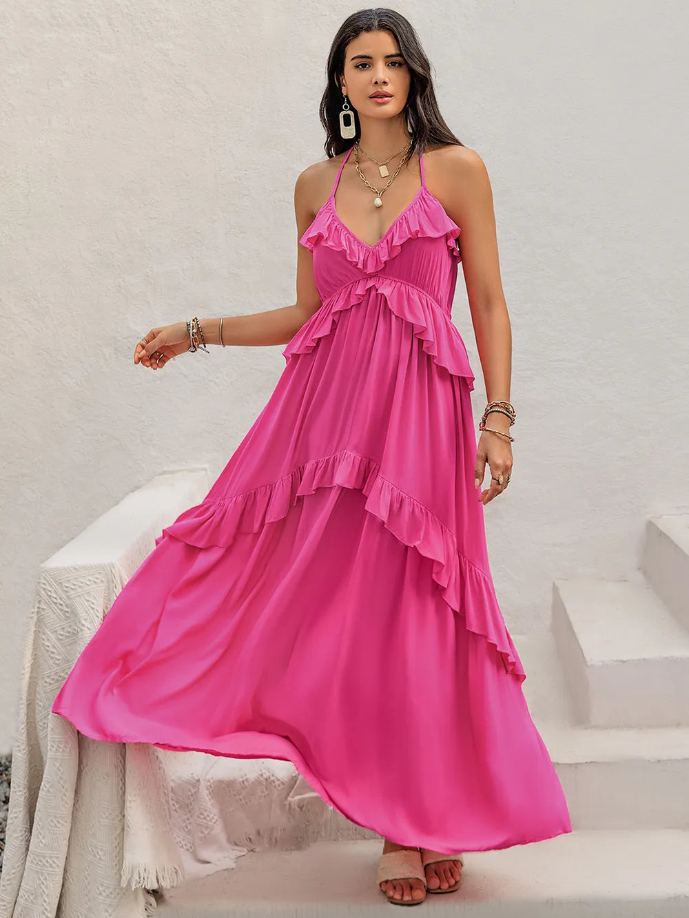 Ruffled Halter Neck Maxi Dress Hot Pink Trendsi