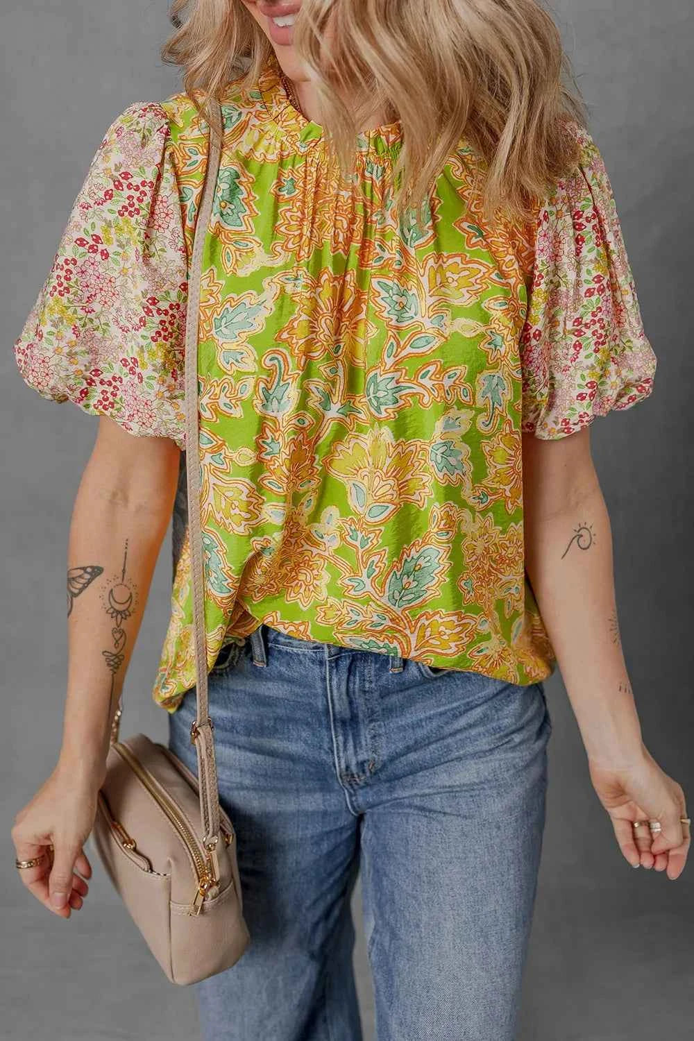 Multicolour Printed Blouse with Contrast Bubble Sleeve Patchwork Trendsi