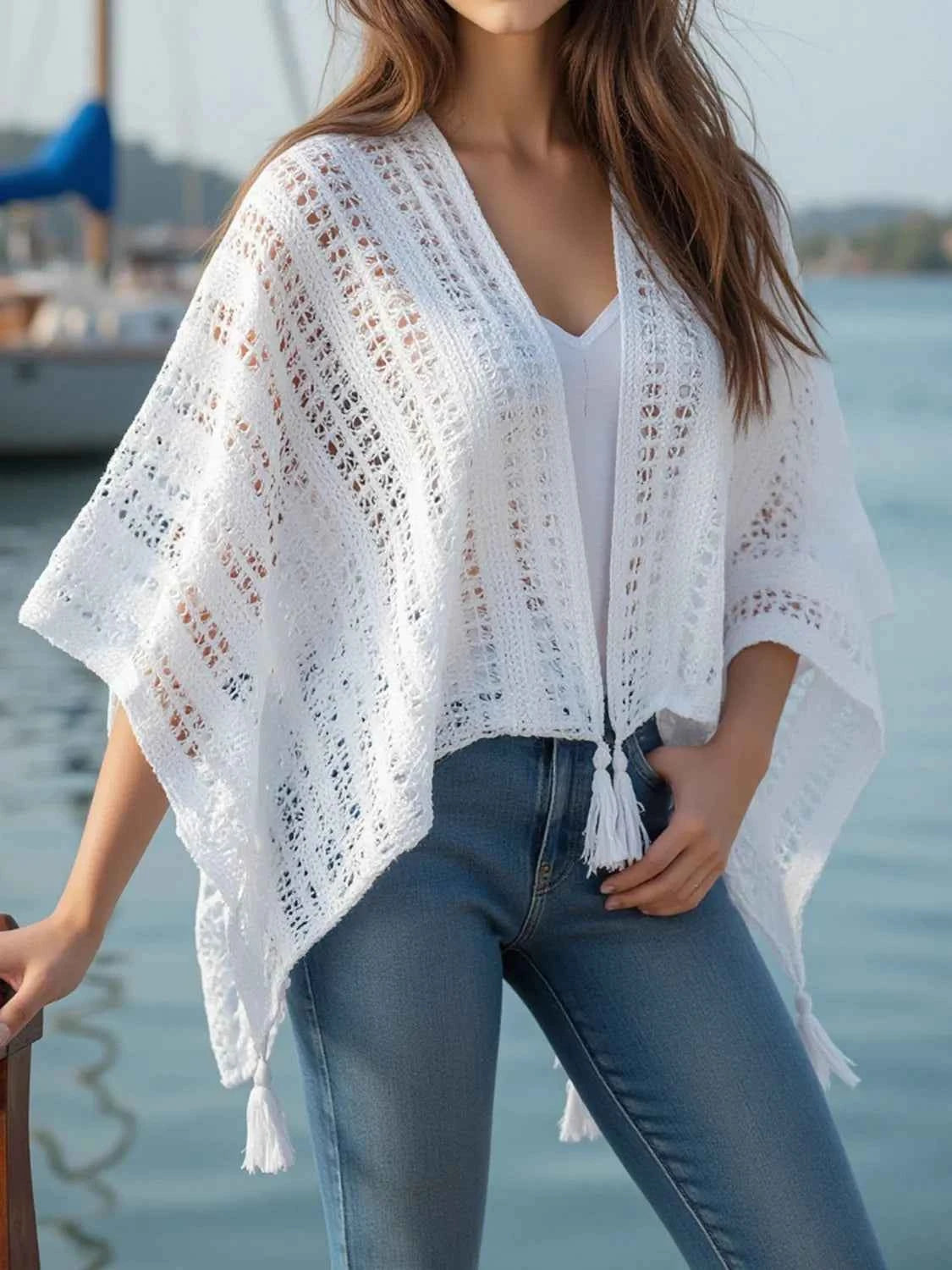 Openwork Tassel Open Front Knit Cover Up Trendsi