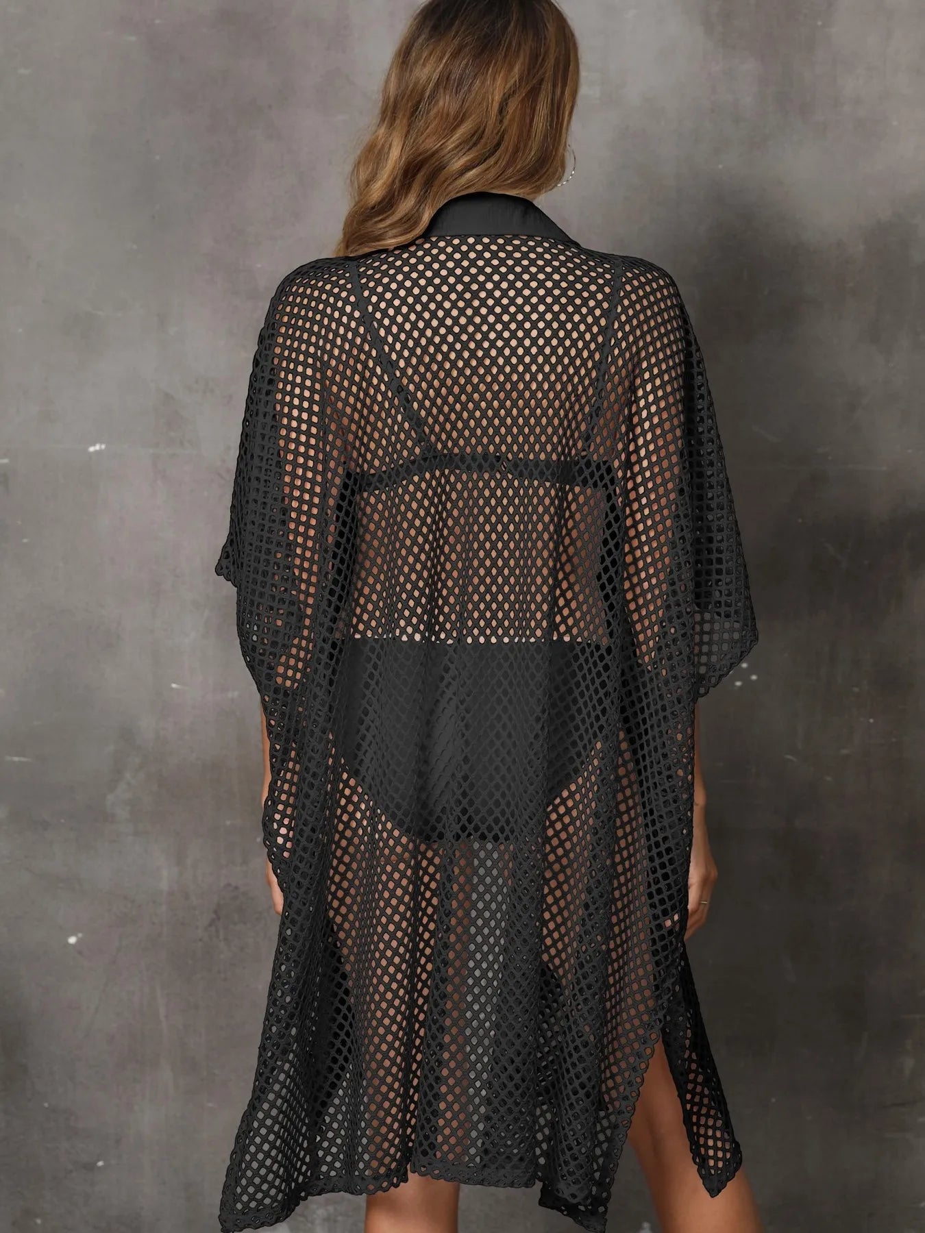 Sheer Mesh Button Up Cover Up Trendsi