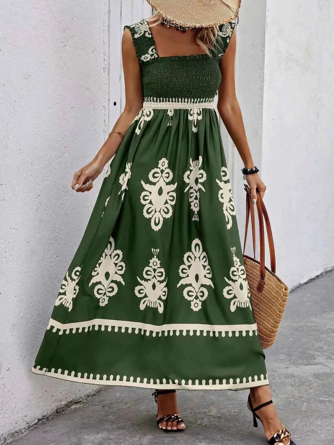 Smocked Printed Wide Strap Maxi Dress Dark Green Trendsi