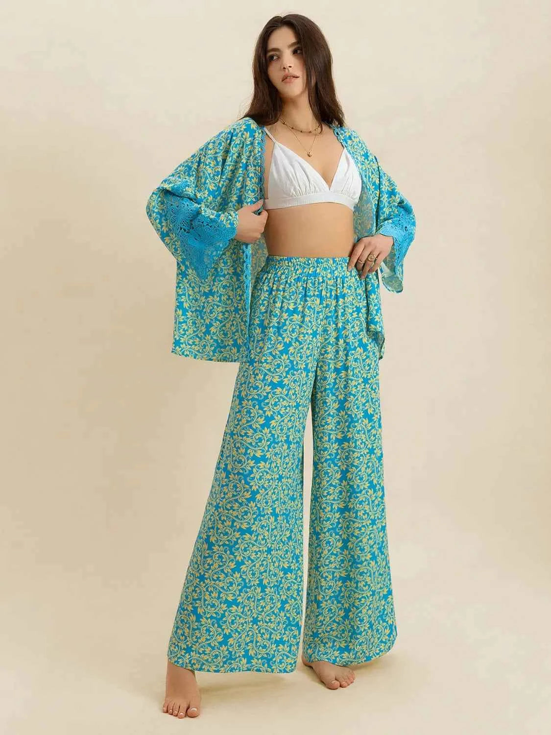 Open Front Printed Top and Pants Set Trendsi