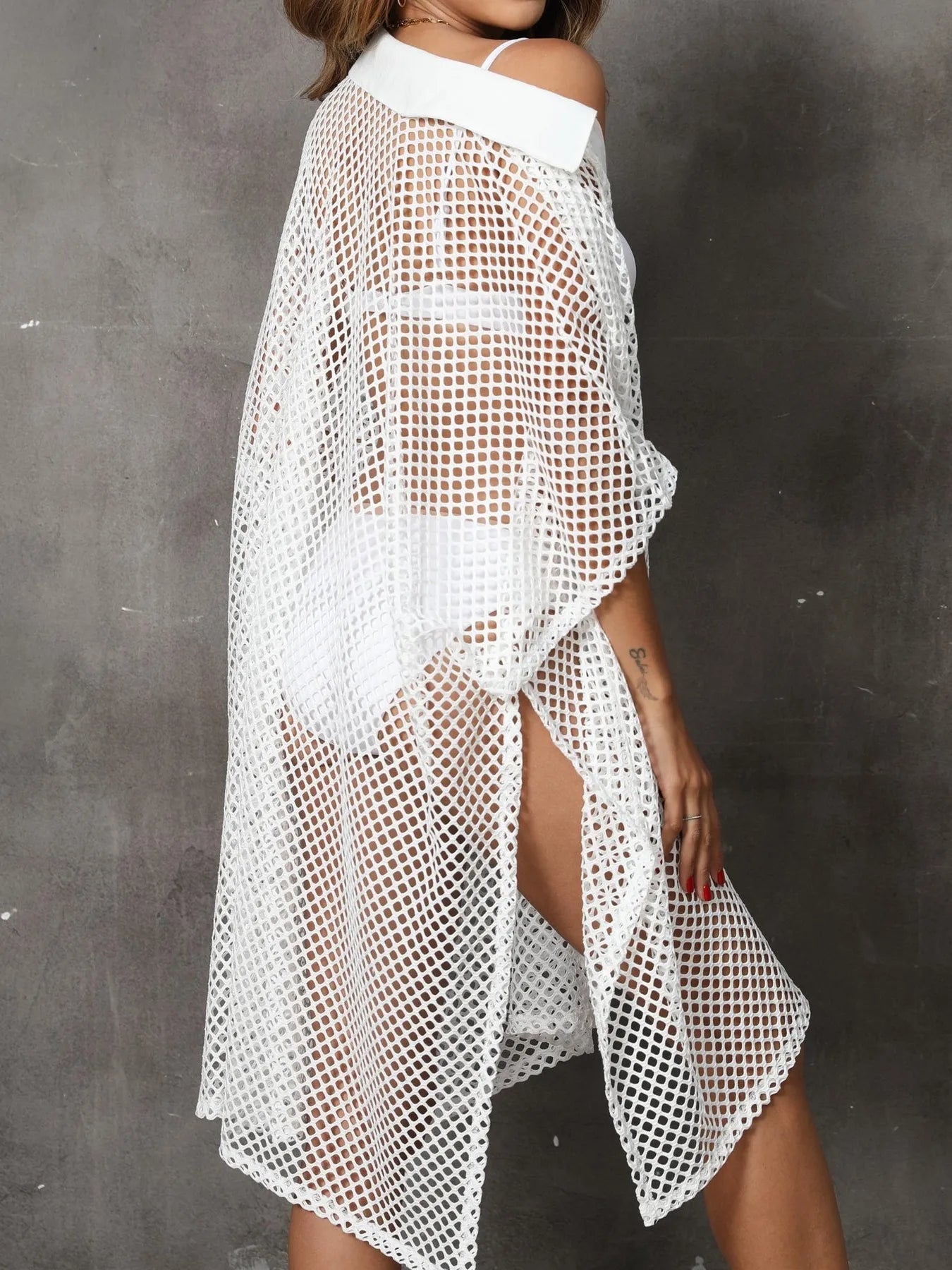 Sheer Mesh Button Up Cover Up Trendsi