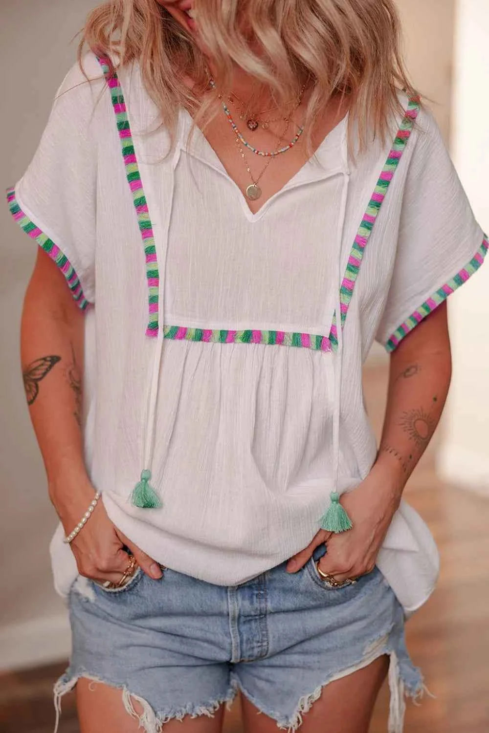 Tassel Tie Neck Short Sleeve Blouse White Trendsi