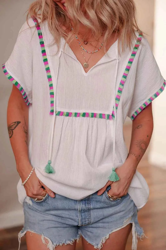 Tassel Tie Neck Short Sleeve Blouse White Trendsi