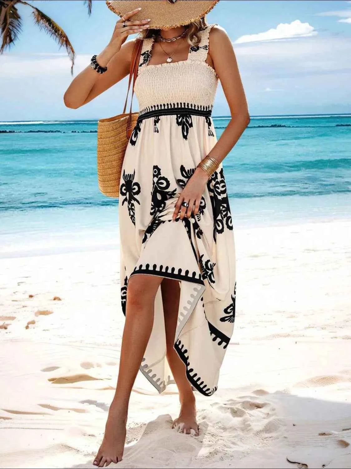 Smocked Printed Wide Strap Maxi Dress Trendsi