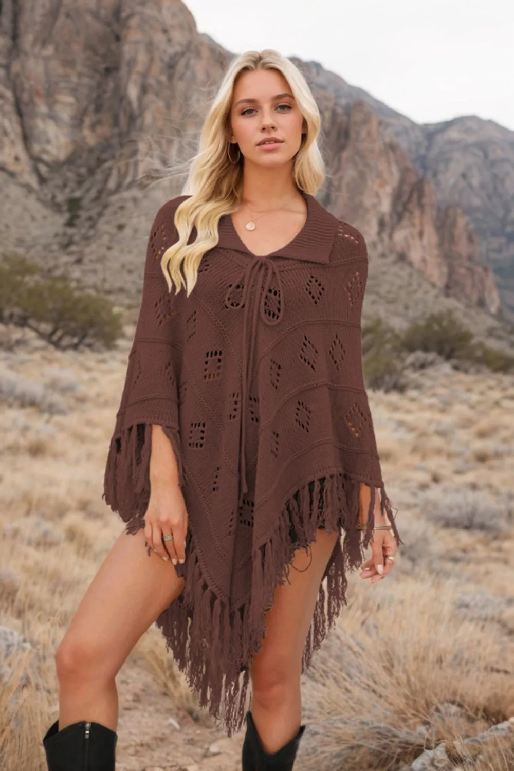 Tassel Hem Knit Cover Up Brown Trendsi