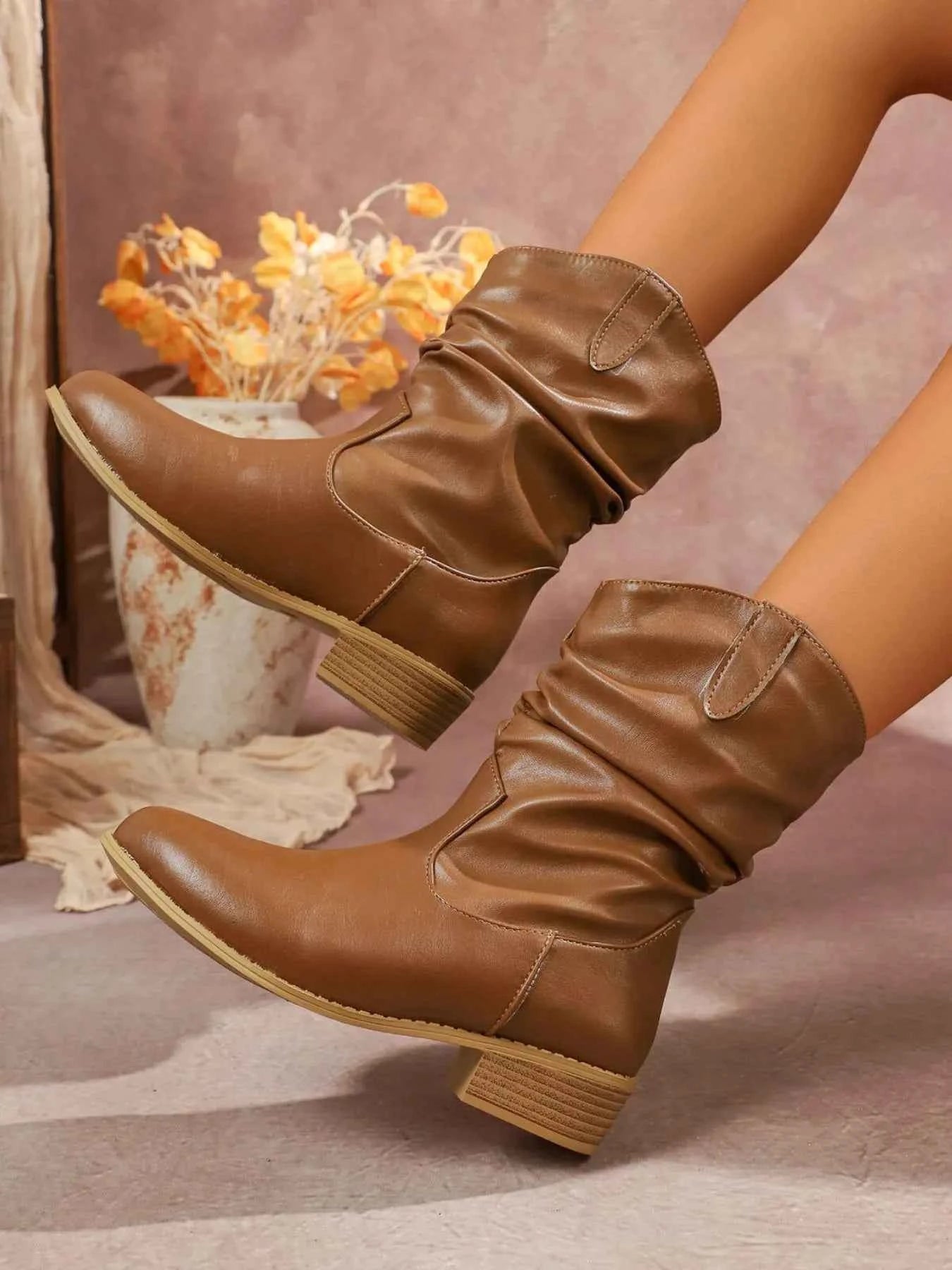 Mid-Calf Western Boots with Block Heels Tan Trendsi