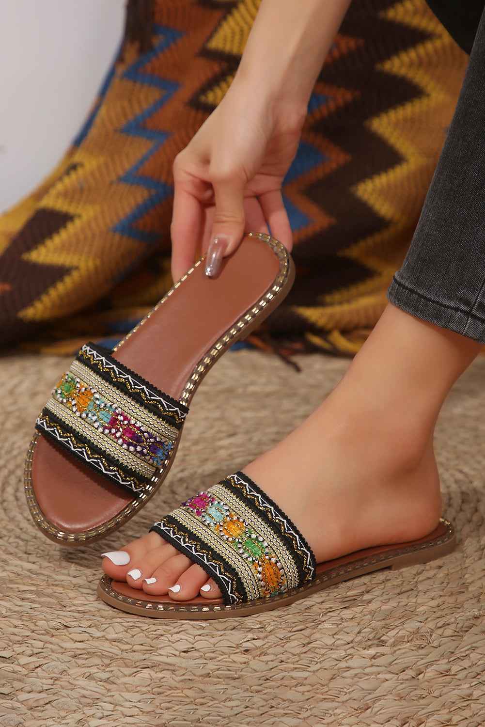 Quincy Bohemian Pattern Crochet Slippers Threaded Pear