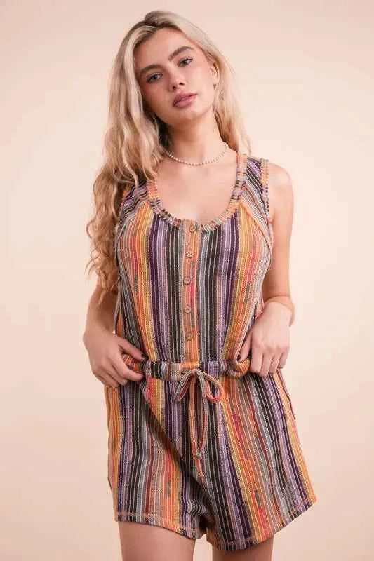 VERY J Crochet Multi Color Striped Casual Summer Romper Trendsi