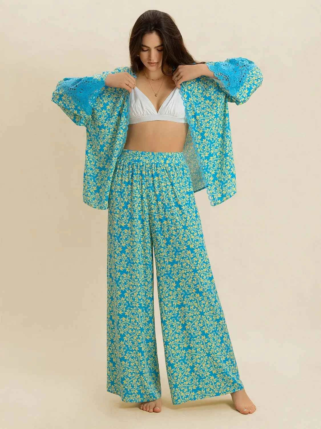 Open Front Printed Top and Pants Set Trendsi
