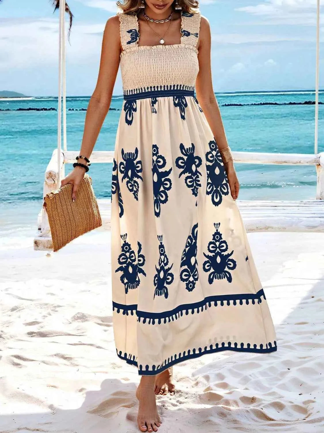 Smocked Printed Wide Strap Maxi Dress Peacock Blue Trendsi