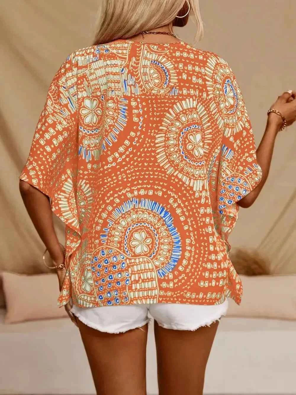 Printed V-Neck Half Sleeve Top Trendsi