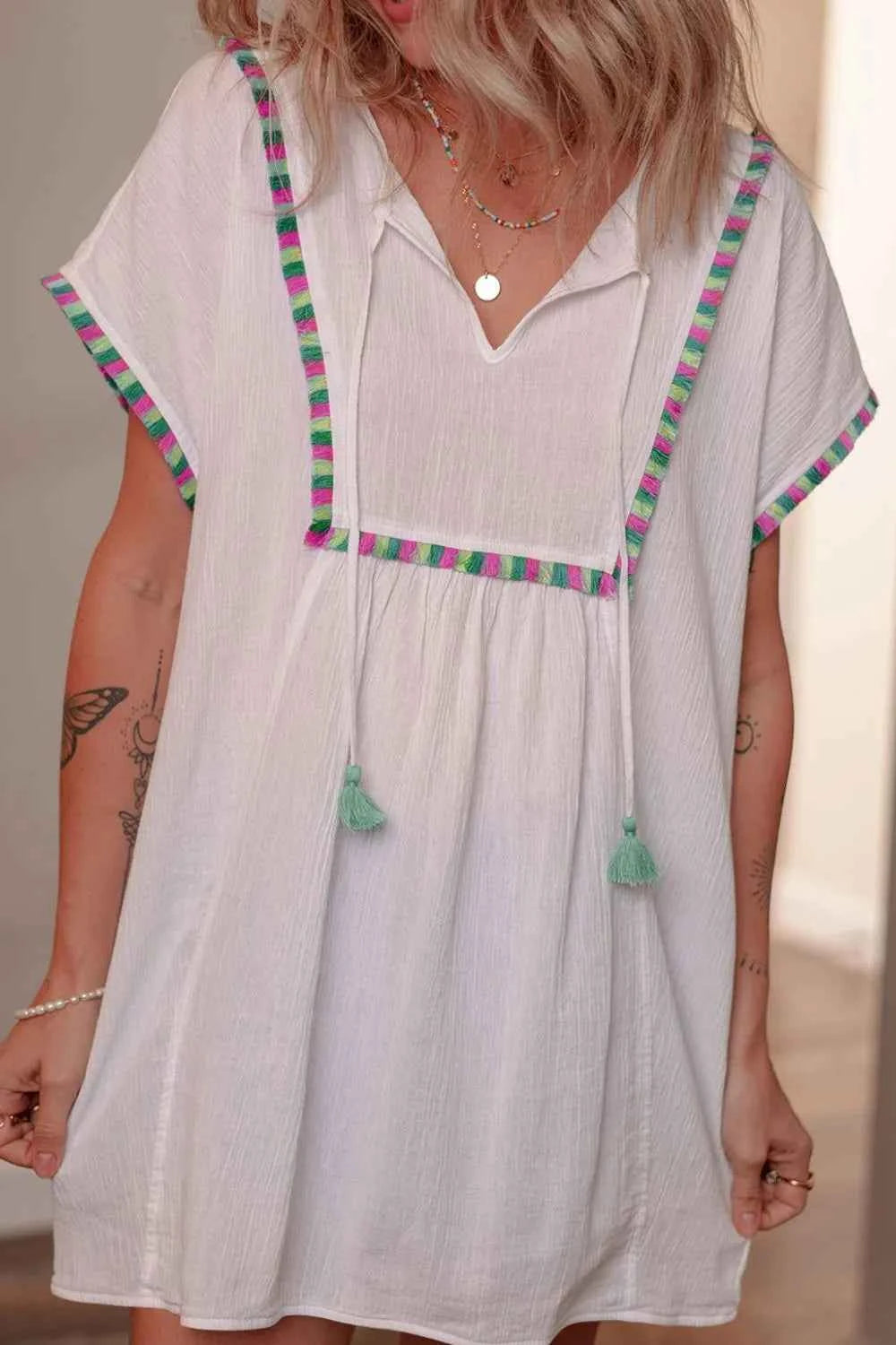 Tassel Tie Neck Short Sleeve Blouse Trendsi