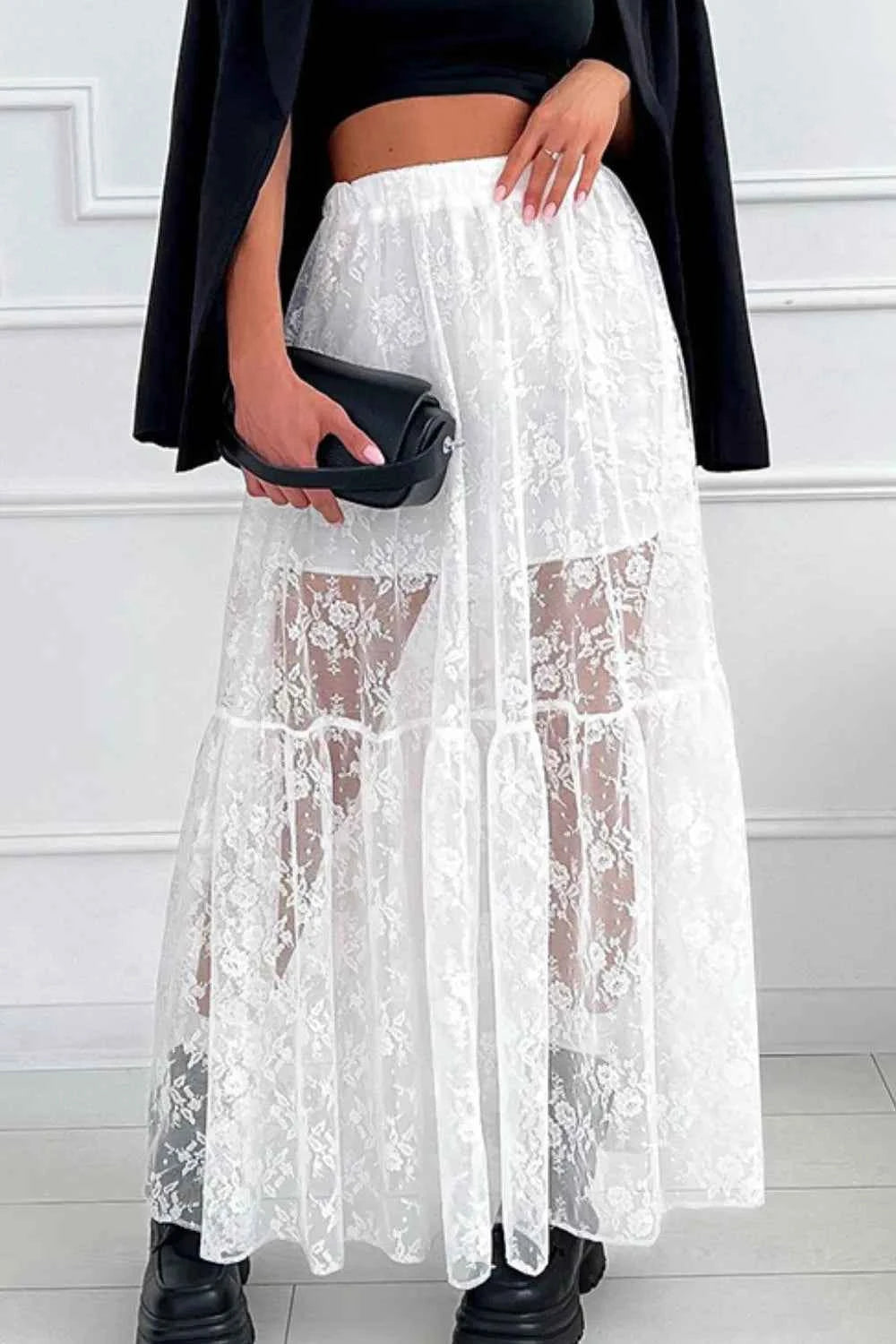 Lace Elastic Waist Maxi Skirt Trendsi