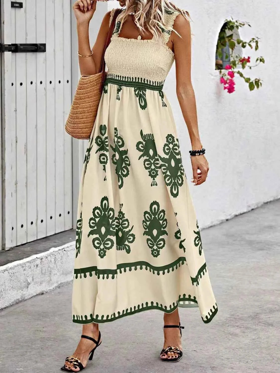 Smocked Printed Wide Strap Maxi Dress Moss Trendsi
