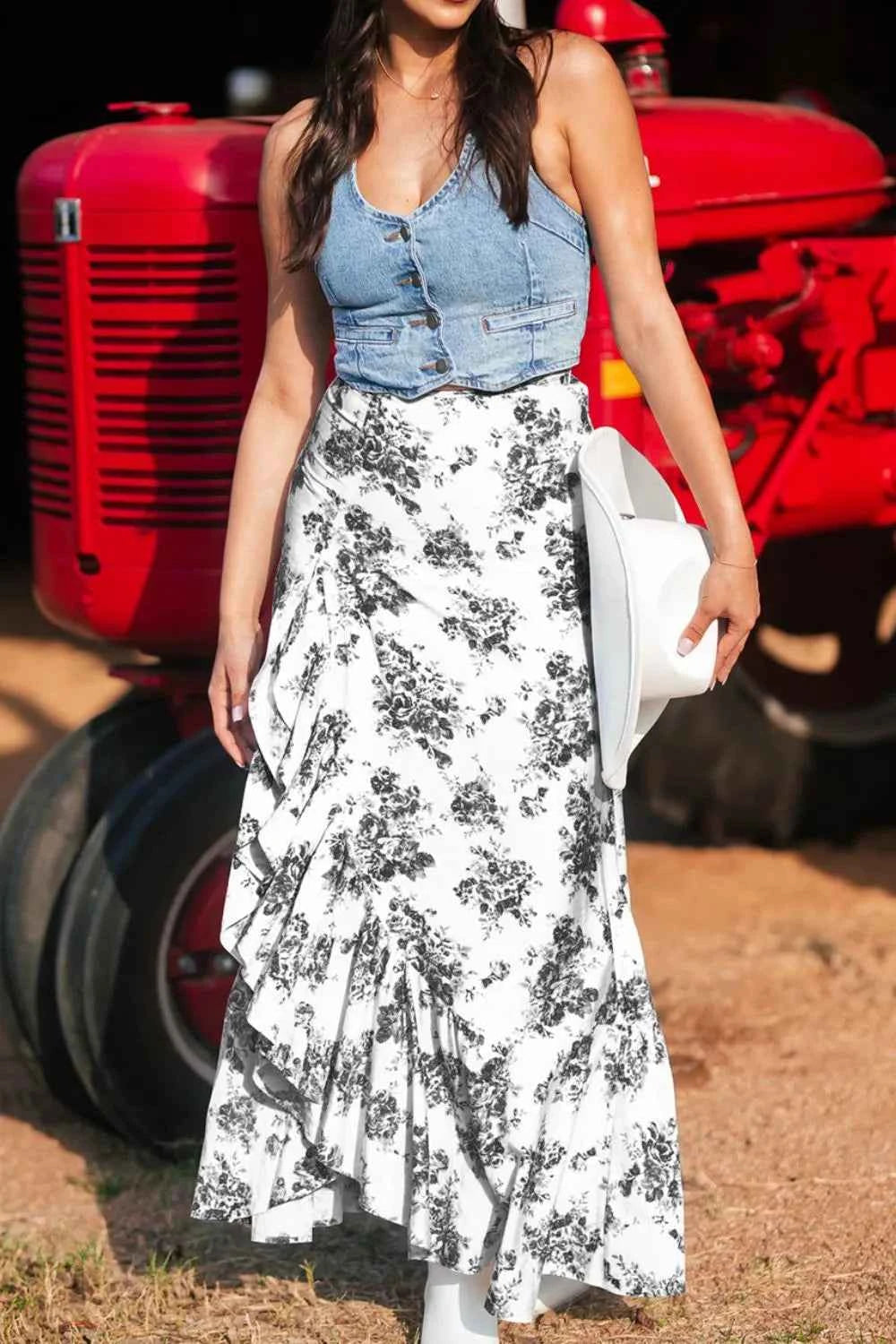 Boho Maxi Skirt with Floral Design and Ruffle Split Hem Trendsi