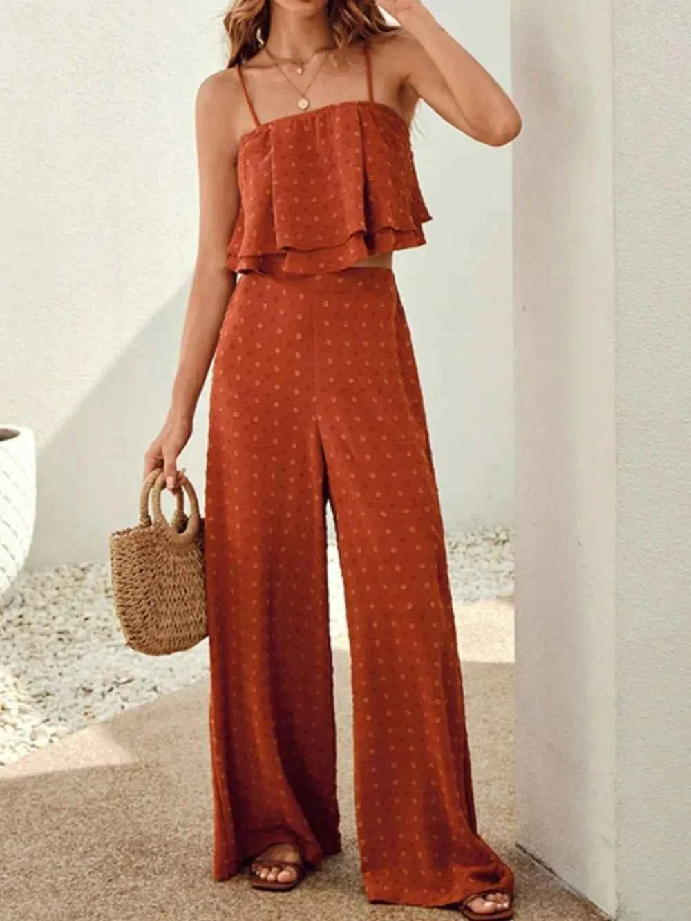 Swiss Dot Layered Cami and Pants Set Orange-Red Trendsi