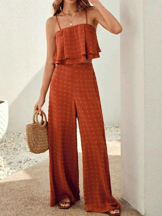 Swiss Dot Layered Cami and Pants Set Orange-Red Trendsi