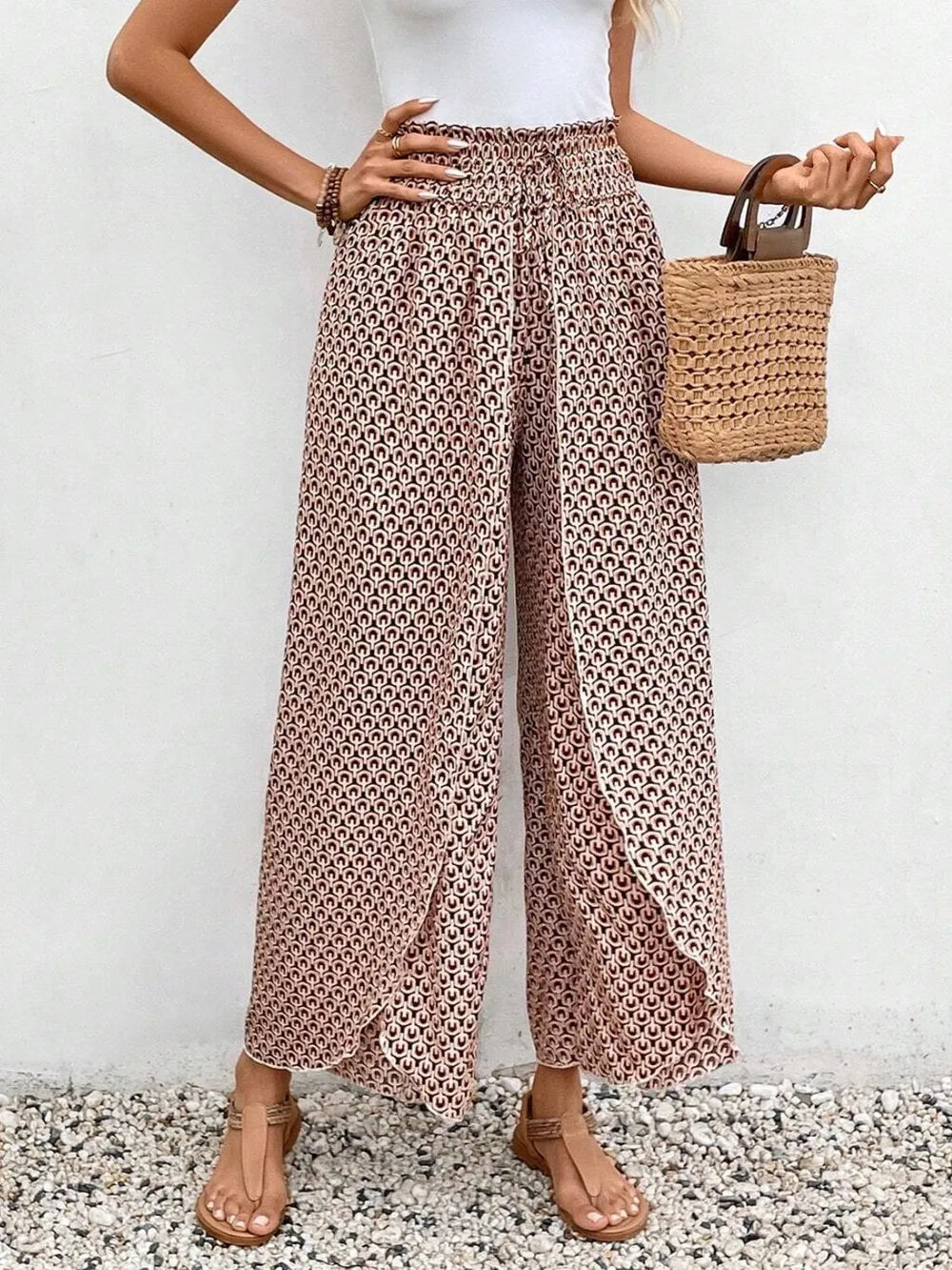 Tied Printed Wide Leg Pants Trendsi