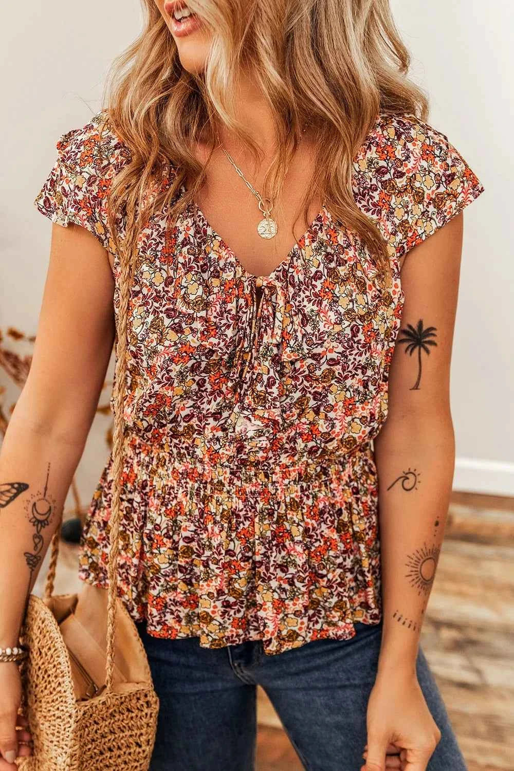 Floral Print Knot V Neck Ruffled Sleeve Blouse Floral Trendsi