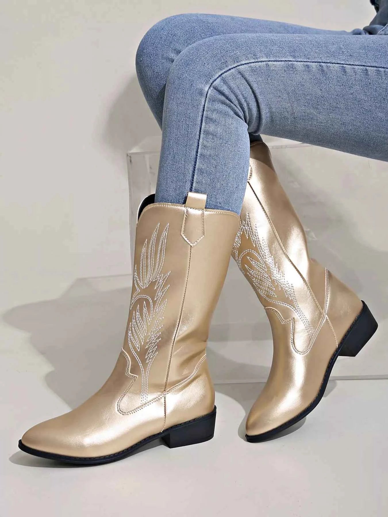 Embroidered Block Heels Boots Gold Trendsi