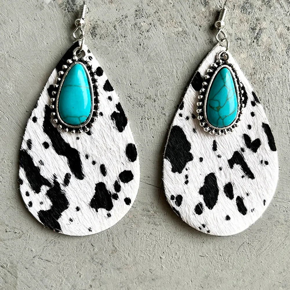 Artificial Turquoise Teardrop Earrings Cow Print One Size Trendsi