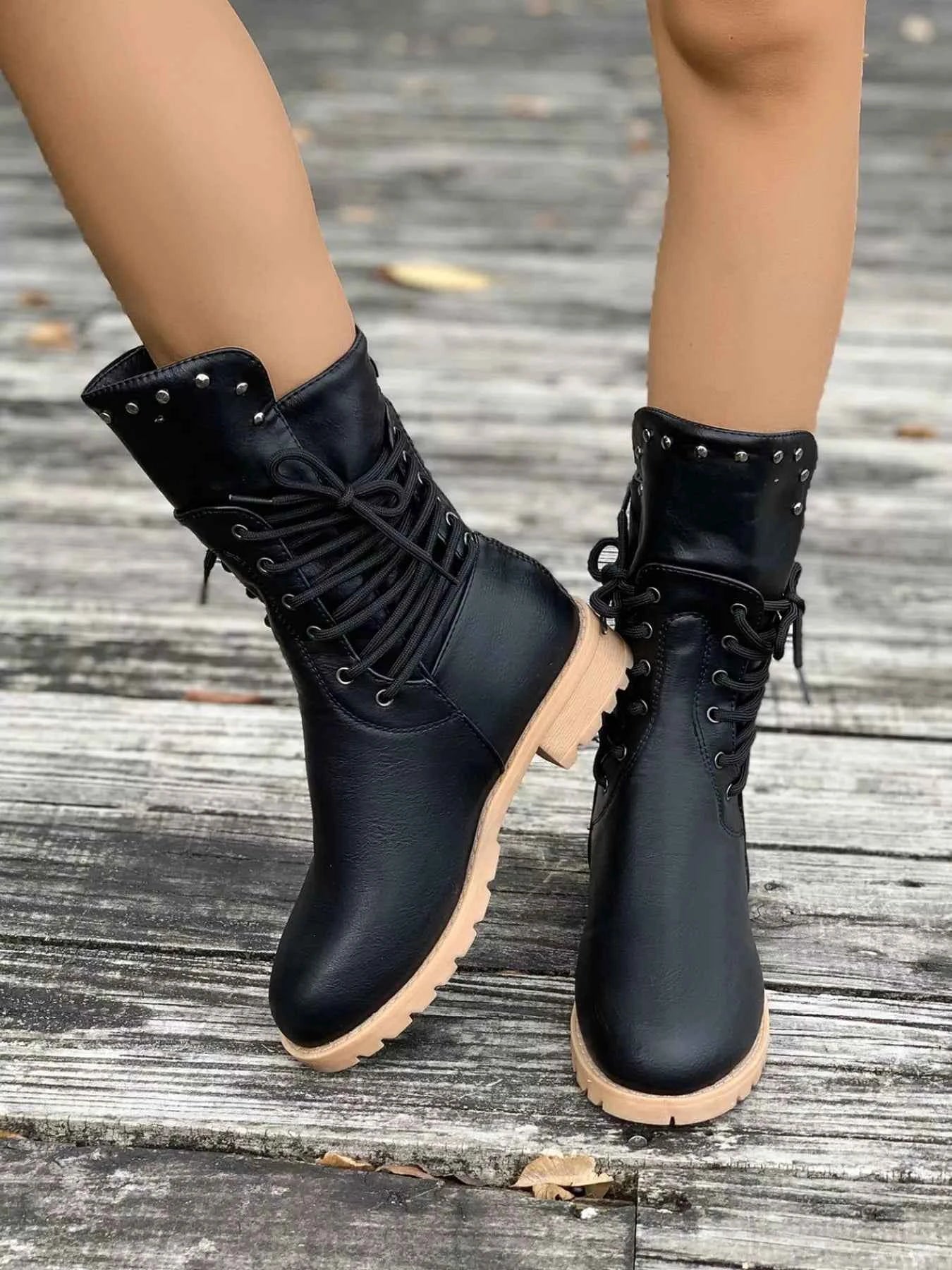 Round Toe Block Heels Boots Black Trendsi