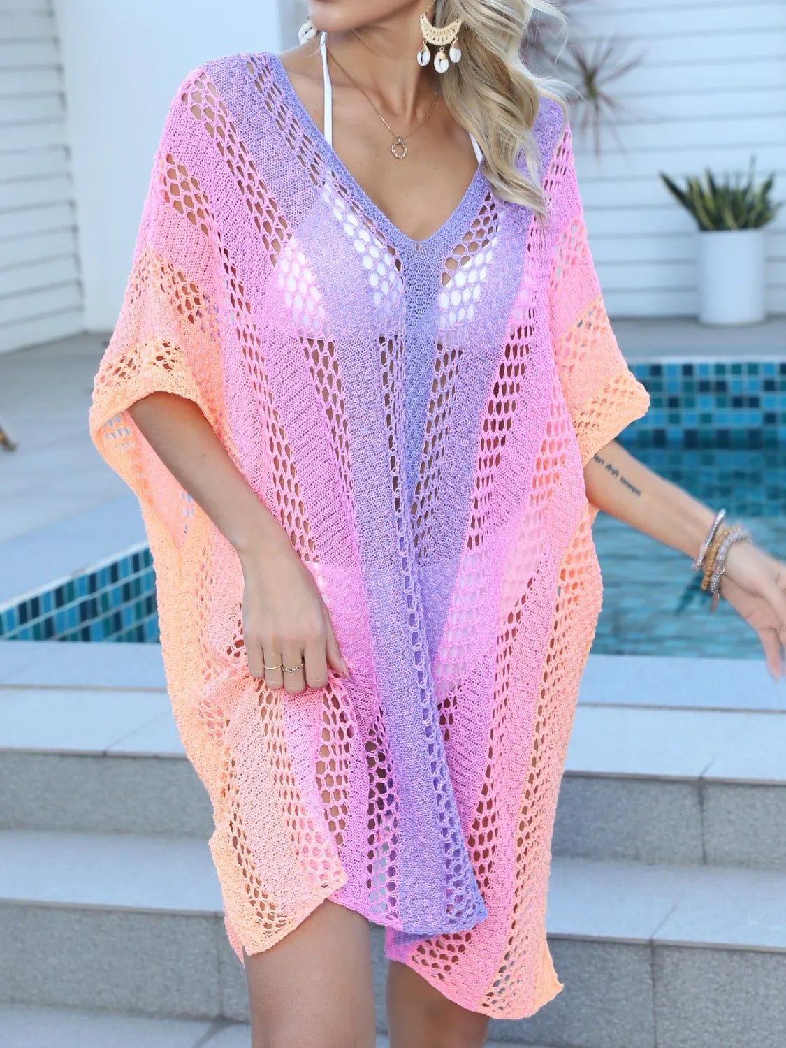 Rainbow Gradient Crochet Beach Cover Up Trendsi