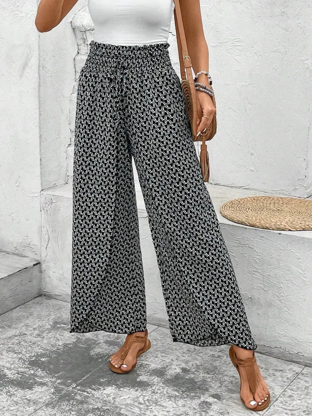Tied Printed Wide Leg Pants Trendsi