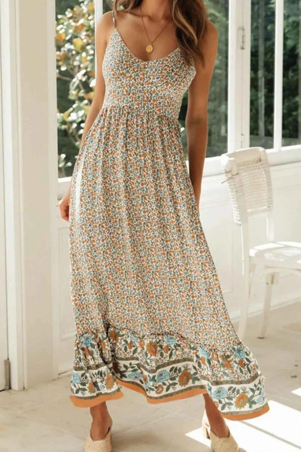 Printed Maxi Cami Dress Tan Trendsi