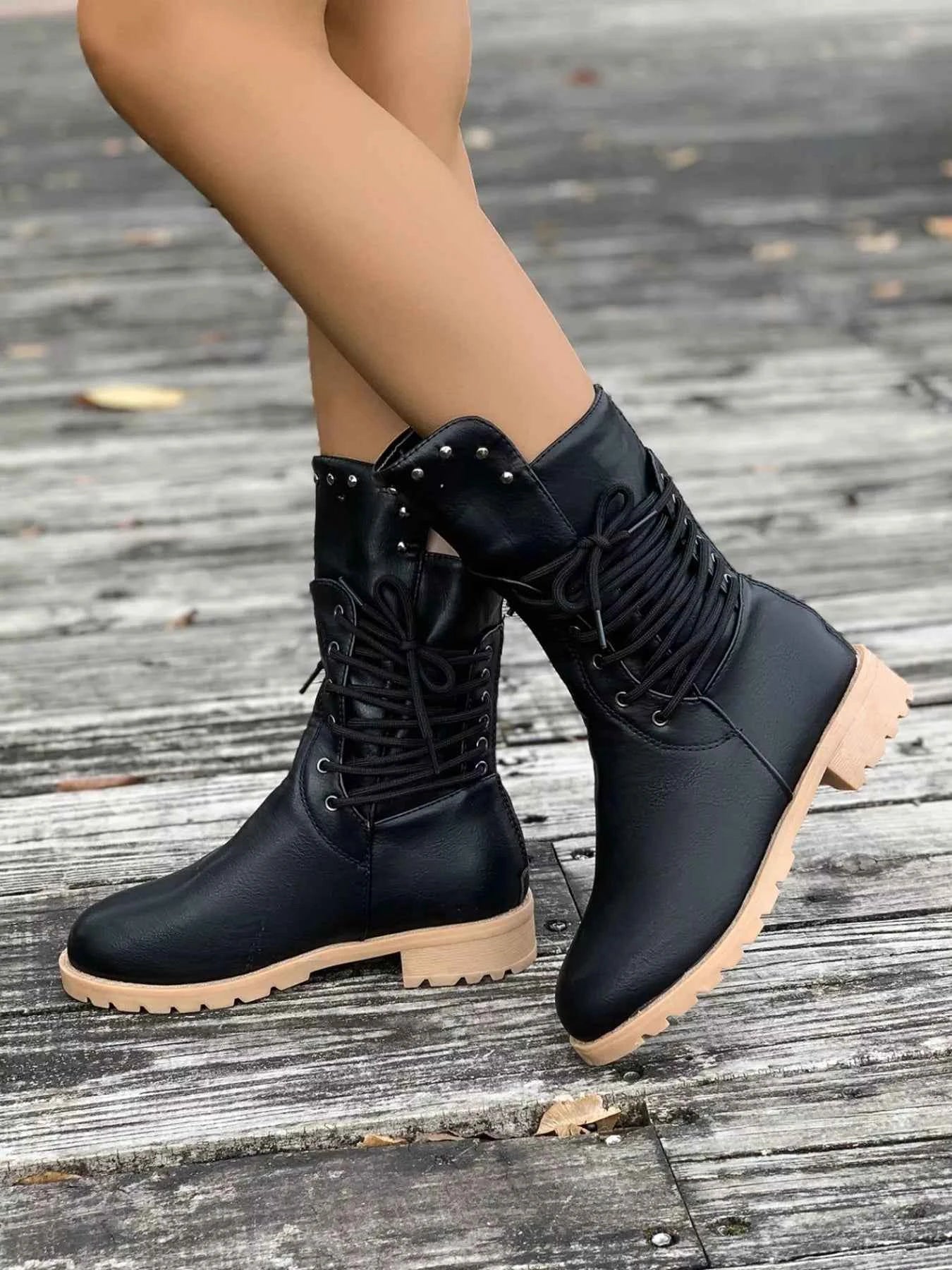 Round Toe Block Heels Boots Trendsi