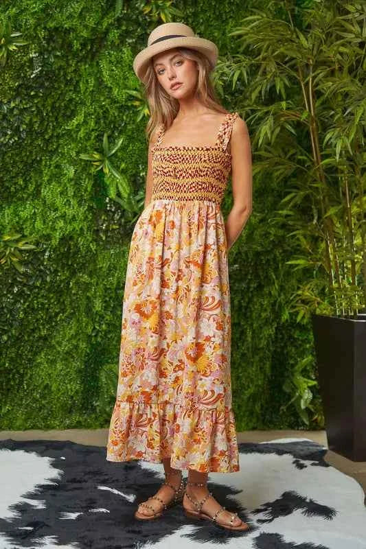 Davi & Dani Multi Smocked Bodice Geo Ruffle Strappy Midi Dress Trendsi