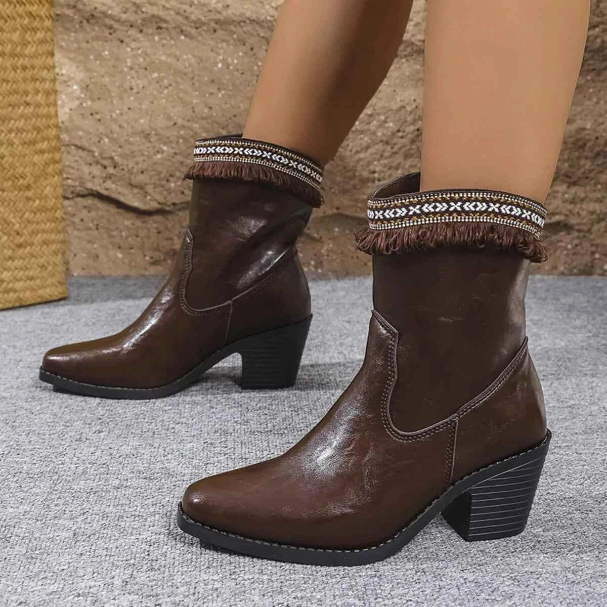 Western Embroidered Trim Boots with Block Heel Trendsi