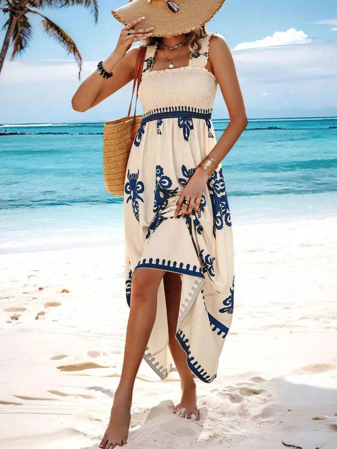 Smocked Printed Wide Strap Maxi Dress Trendsi