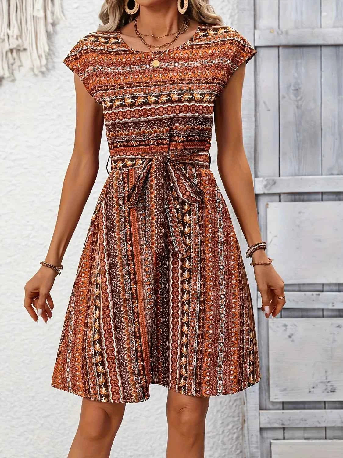 Printed Round Neck Cap Sleeve Dress Trendsi