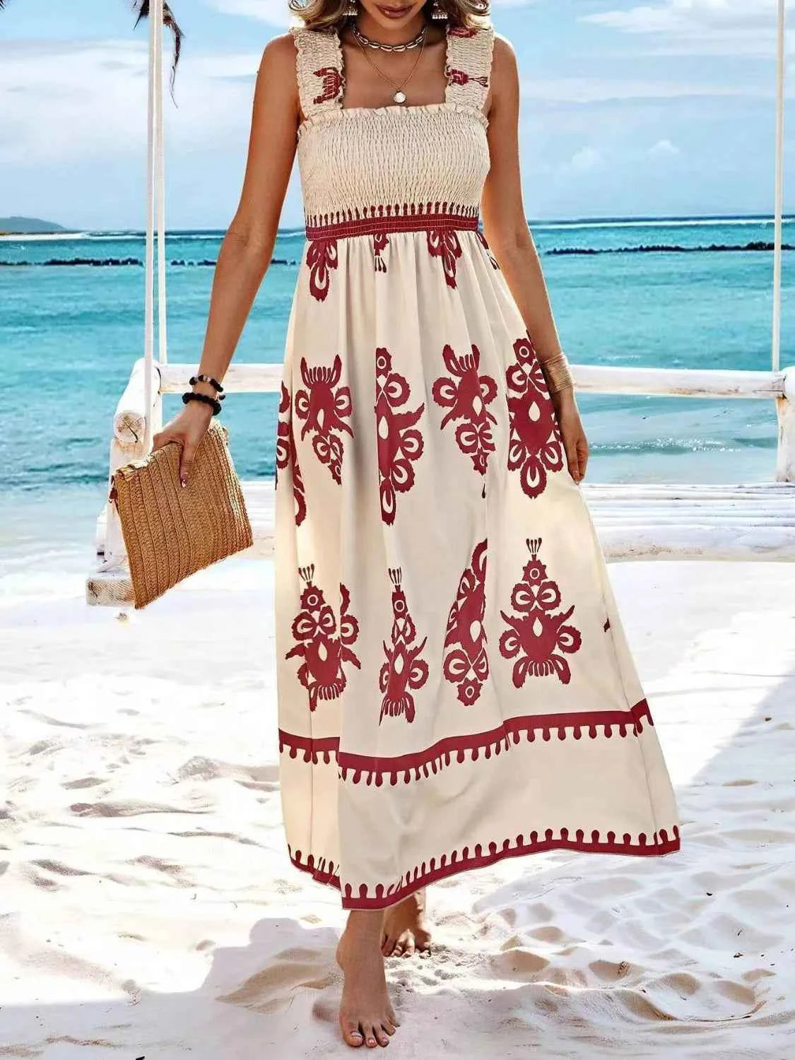 Smocked Printed Wide Strap Maxi Dress Trendsi